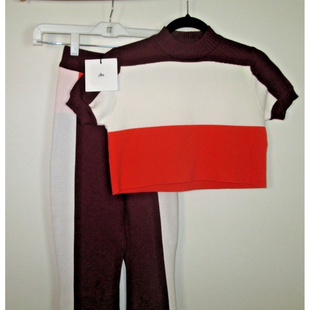 YLLW  Set Colorblock Size XS/S Burgundy Orange Knit‎ Cropped Top Flare Pants - Picture 9 of 12